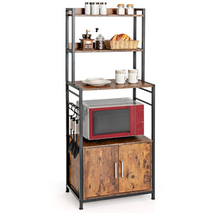 Scaffale a 4 livelli da cucina con armadio e credenza-Supporto industriale per forno microonde con ganci Marrone