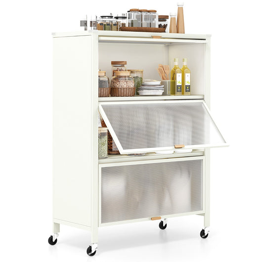 Supporto per microonde in metallo su ruote bloccabili per snack, Mobiletto da cucina a 4 livelli con ante ribaltabili Bianco-Credenze buffet