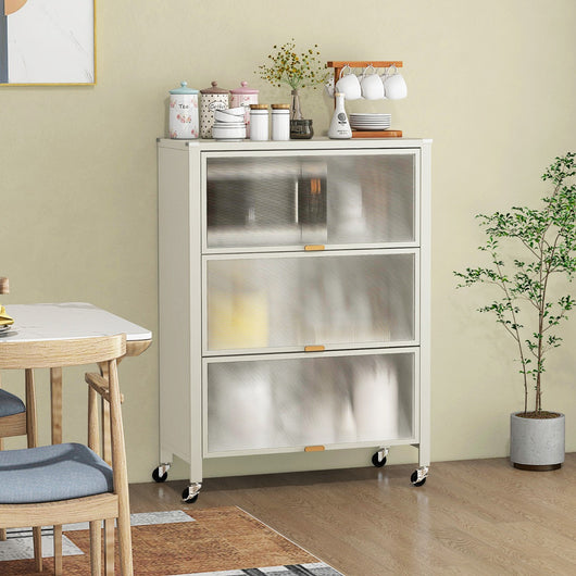 Supporto per microonde in metallo su ruote bloccabili per snack, Mobiletto da cucina a 4 livelli con ante ribaltabili Bianco-Credenze buffet