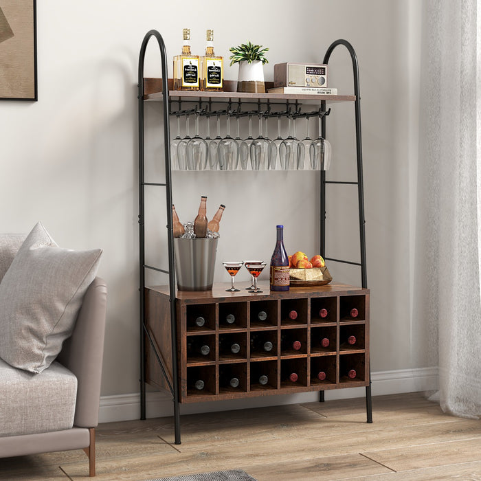 Scaffale da cucina con portabottiglie staccabile e 5 supporti per calici 2 ripiani-Mobile da bar alto 114,5cm Marrone