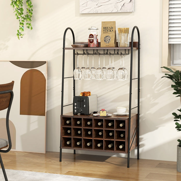 Scaffale da cucina con portabottiglie staccabile e 5 supporti per calici 2 ripiani-Mobile da bar alto 114,5cm Marrone