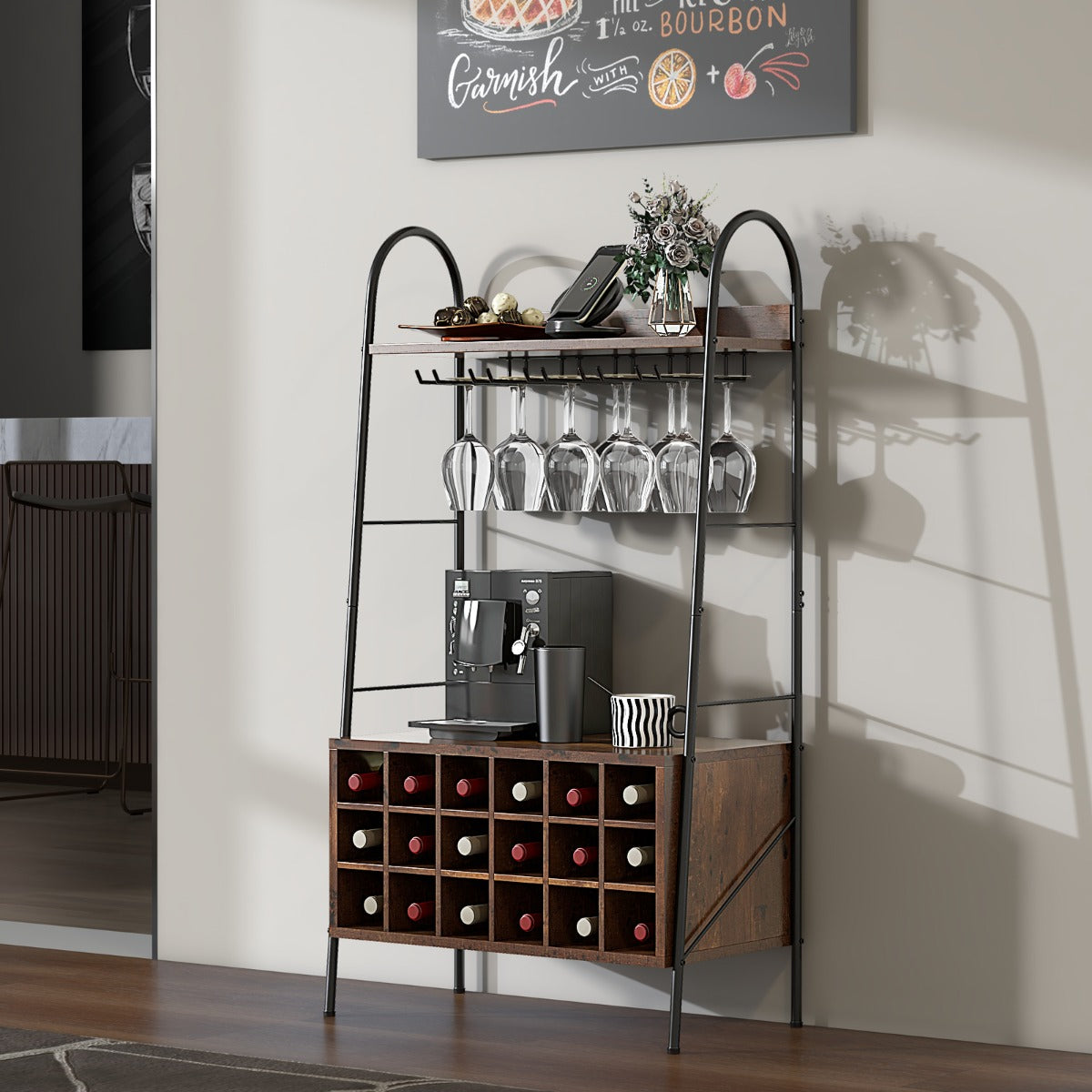 Scaffale da cucina con portabottiglie staccabile e 5 supporti per calici 2 ripiani-Mobile da bar alto 114,5cm Marrone