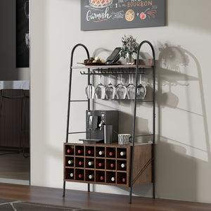 Scaffale da cucina con portabottiglie staccabile e 5 supporti per calici 2 ripiani-Mobile da bar alto 114,5cm Marrone