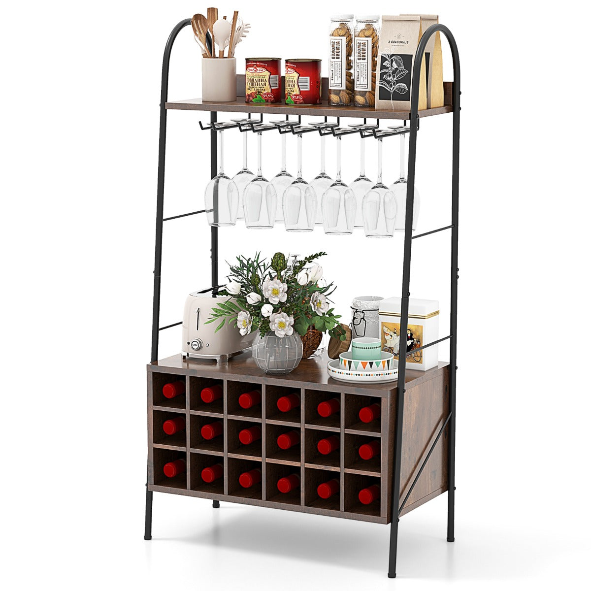 Scaffale da cucina con portabottiglie staccabile e 5 supporti per calici 2 ripiani-Mobile da bar alto 114,5cm Marrone
