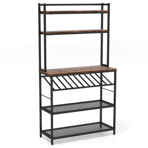 Scaffale da cucina a 6 ripiani con portabottiglie 2 ripiani in rete-Scaffale porta microonde alto Marrone rustico