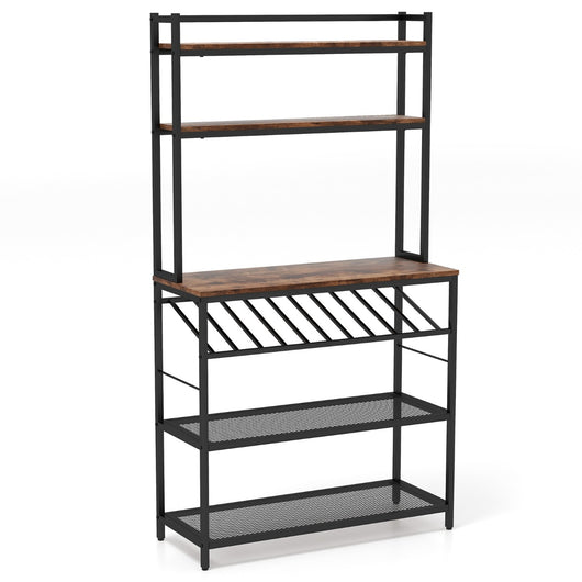 Scaffale da cucina a 6 ripiani con portabottiglie 2 ripiani in rete-Scaffale porta microonde alto Marrone rustico
