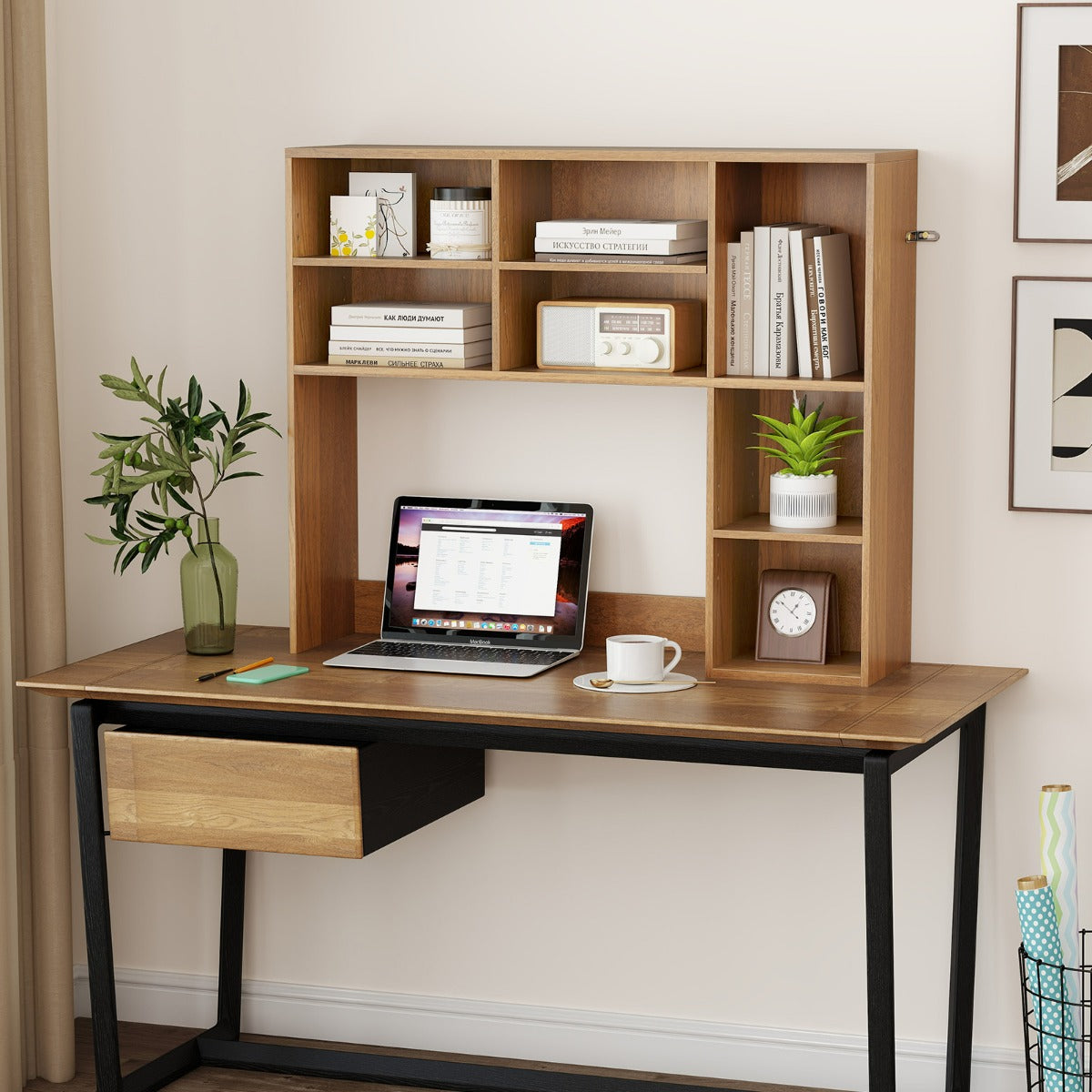 Libreria da scrivania con 3 ripiani regolabili e scomparto aperto-Organizzatore di spazio per casa e ufficio Naturale