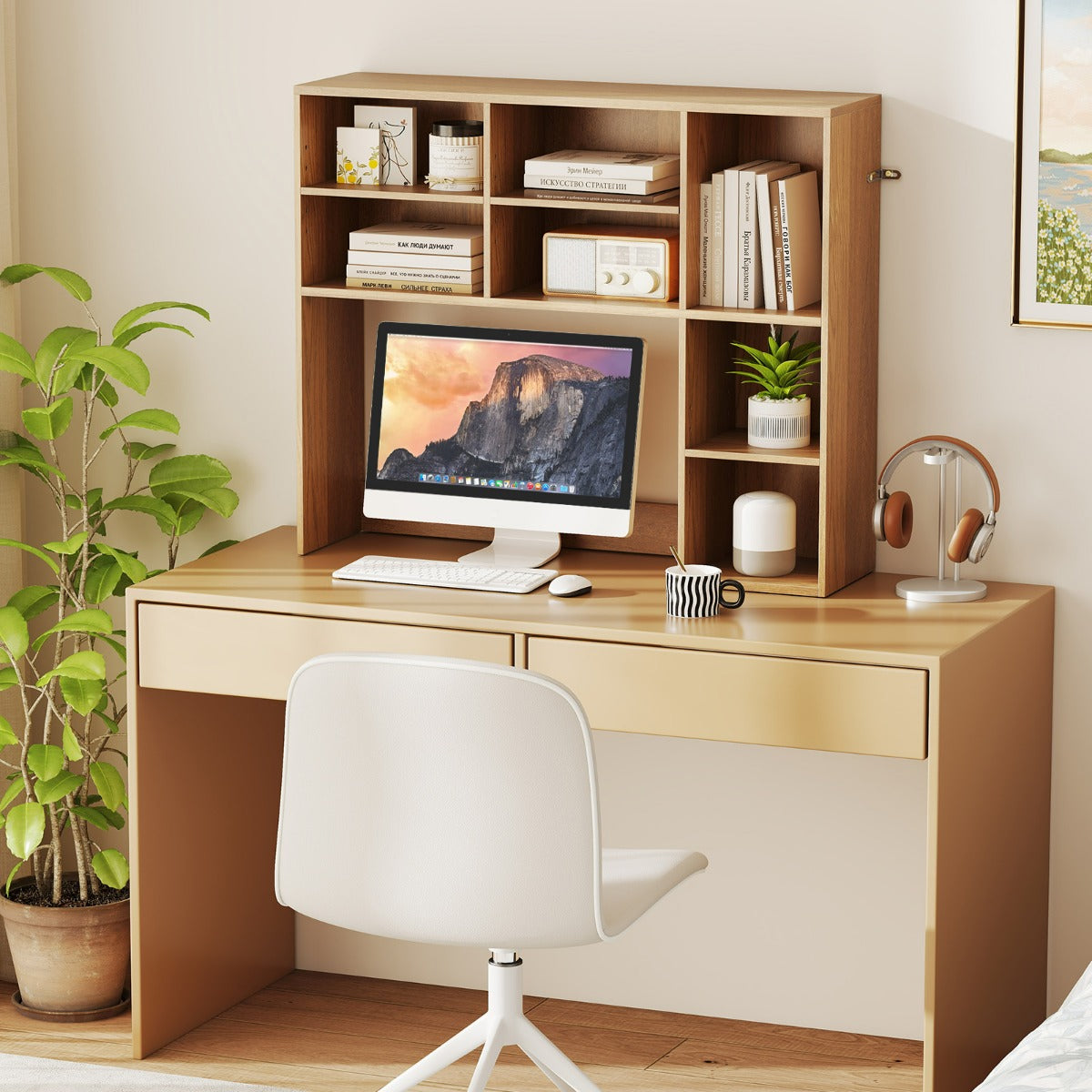 Libreria da scrivania con 3 ripiani regolabili e scomparto aperto-Organizzatore di spazio per casa e ufficio Naturale