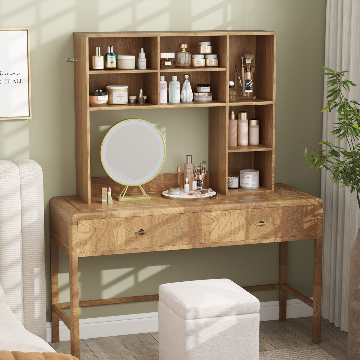 Libreria da scrivania con 3 ripiani regolabili e scomparto aperto-Organizzatore di spazio per casa e ufficio Naturale