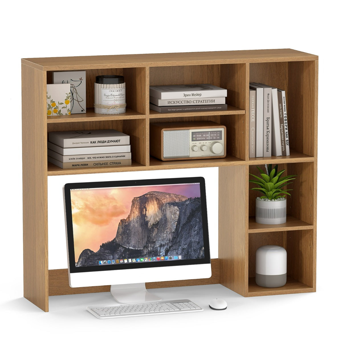 Libreria da scrivania con 3 ripiani regolabili e scomparto aperto-Organizzatore di spazio per casa e ufficio Naturale