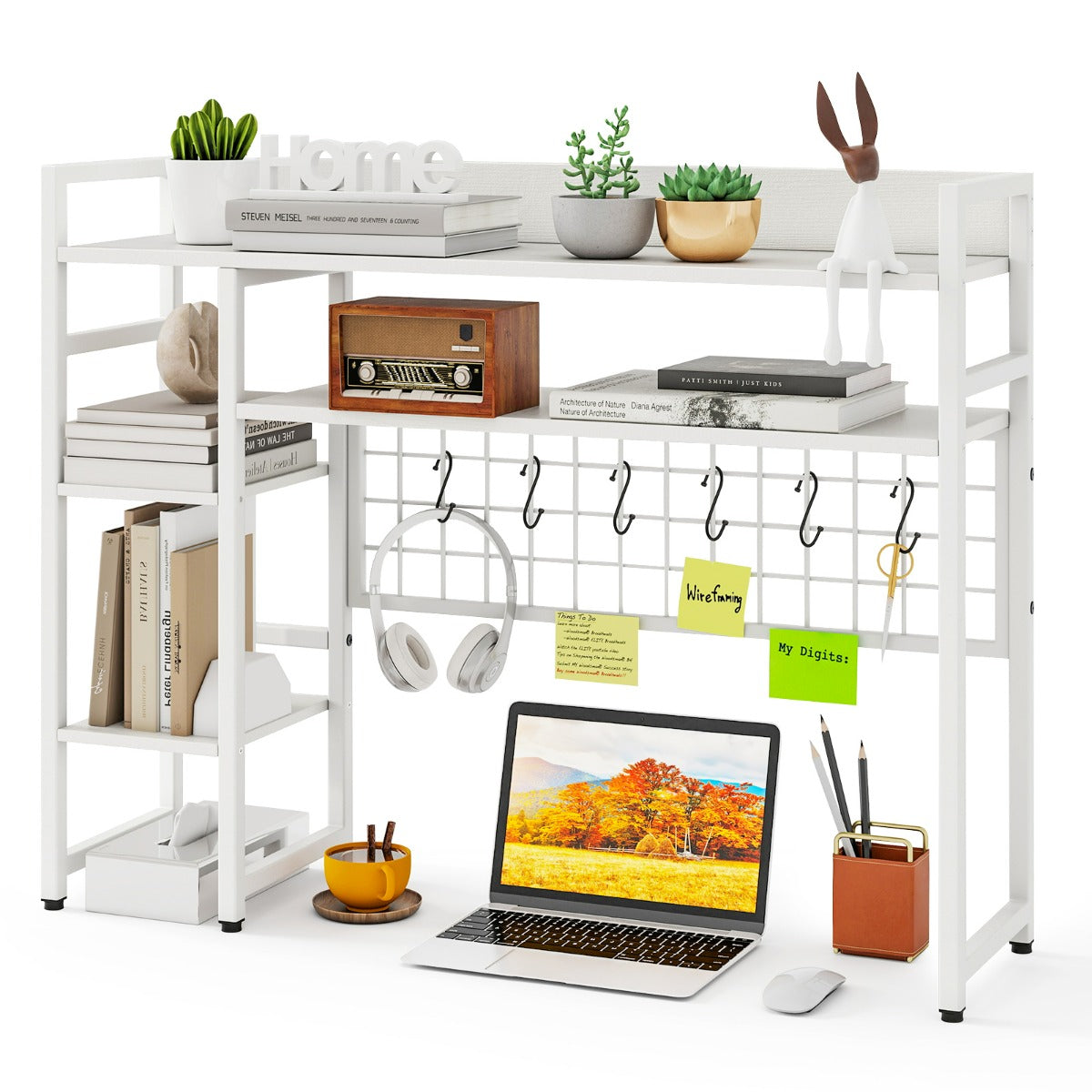 Mensola da scrivania a 4 ripiani con pannello a griglia metallica e 6 ganci-Organizzatore da scrivania per dormitorio Bianco