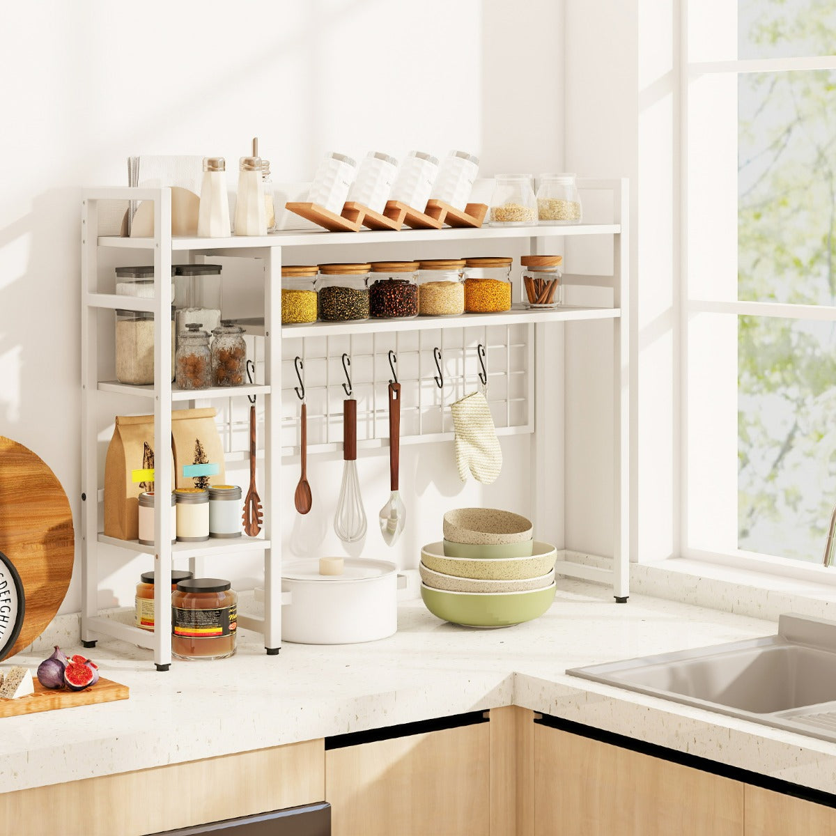 Mensola da scrivania a 4 ripiani con pannello a griglia metallica e 6 ganci-Organizzatore da scrivania per dormitorio Bianco