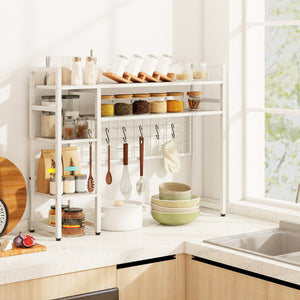 Mensola da scrivania a 4 ripiani con pannello a griglia metallica e 6 ganci-Organizzatore da scrivania per dormitorio Bianco