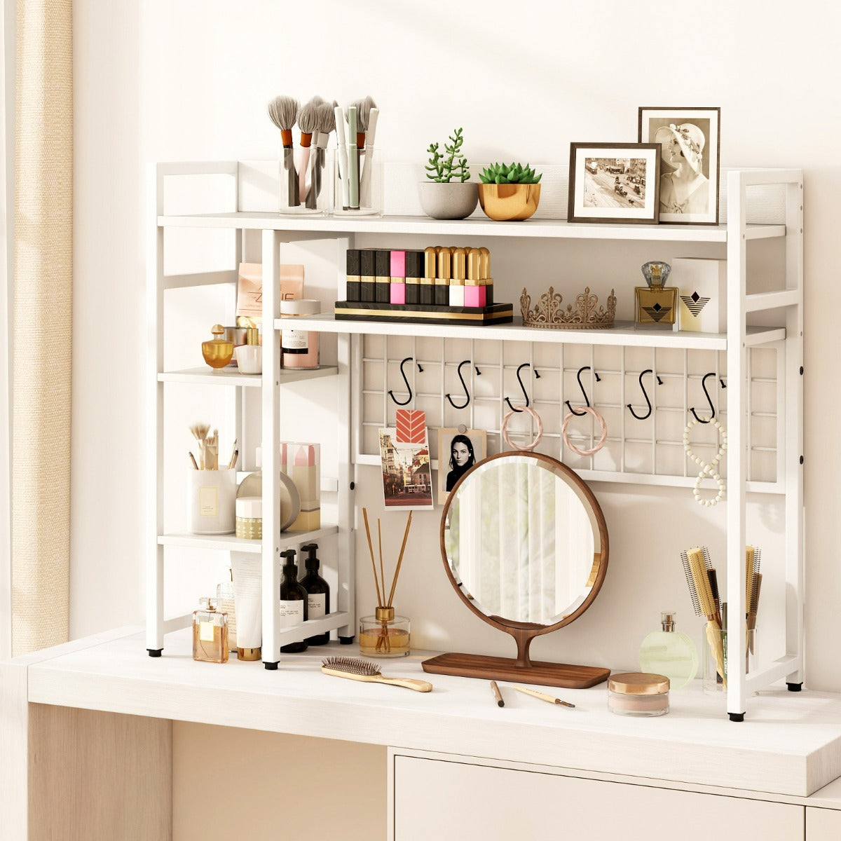 Mensola da scrivania a 4 ripiani con pannello a griglia metallica e 6 ganci-Organizzatore da scrivania per dormitorio Bianco