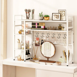 Mensola da scrivania a 4 ripiani con pannello a griglia metallica e 6 ganci-Organizzatore da scrivania per dormitorio Bianco