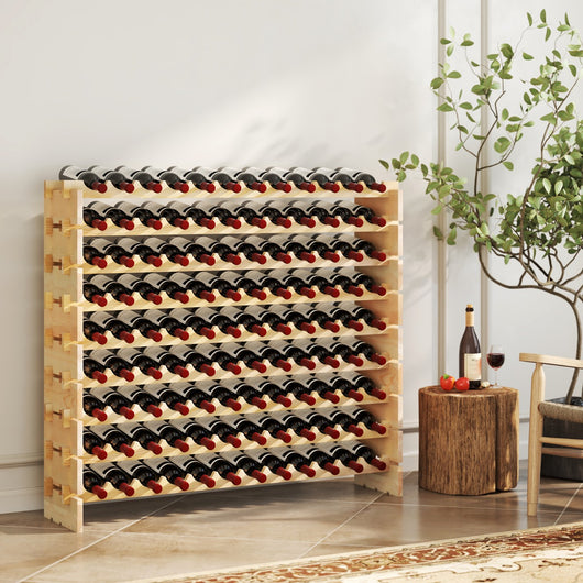Scaffale modulari impilabile per vino da 108 bottiglie, Scaffale di stoccaggio in legno a 9 ripiani per pavimento Naturale-Portabottiglie