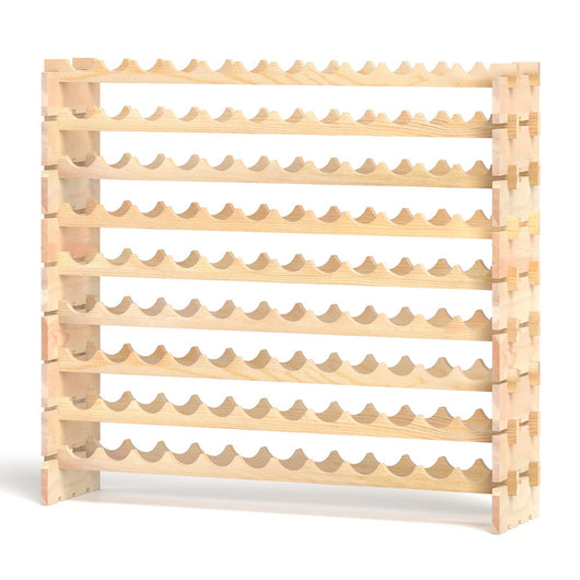 Scaffale modulari impilabile per vino da 108 bottiglie, Scaffale di stoccaggio in legno a 9 ripiani per pavimento Naturale-Portabottiglie