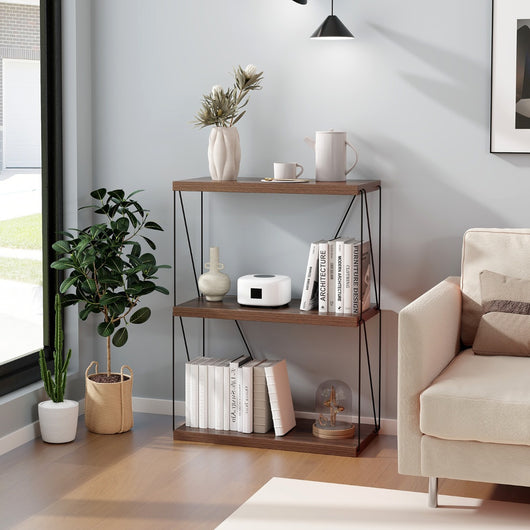 Scaffale multiuso a 3 ripiani con struttura in metallo-Libreria autoportante con stile industriale Noce 61x29,5x82cm