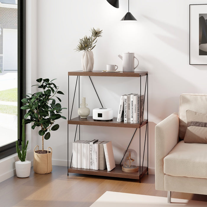 Scaffale multiuso a 3 ripiani con struttura in metallo-Libreria autoportante con stile industriale Noce 61x29,5x85,5cm