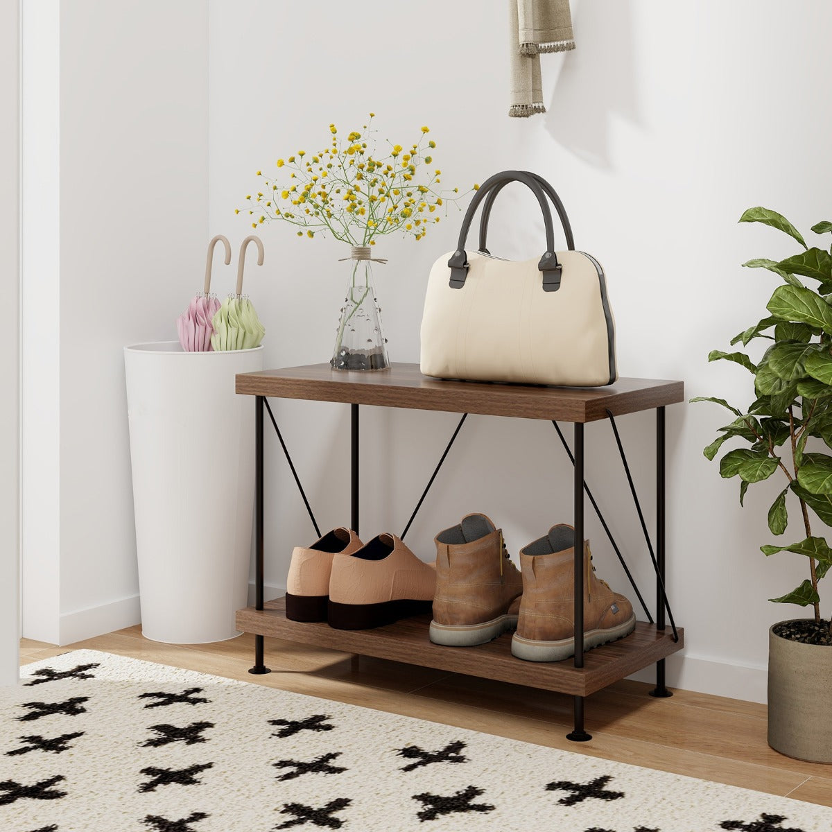 Scaffale multiuso a 2 ripiani con struttura in metallo-Libreria autoportante con stile industriale Noce 60x29,5x45cm