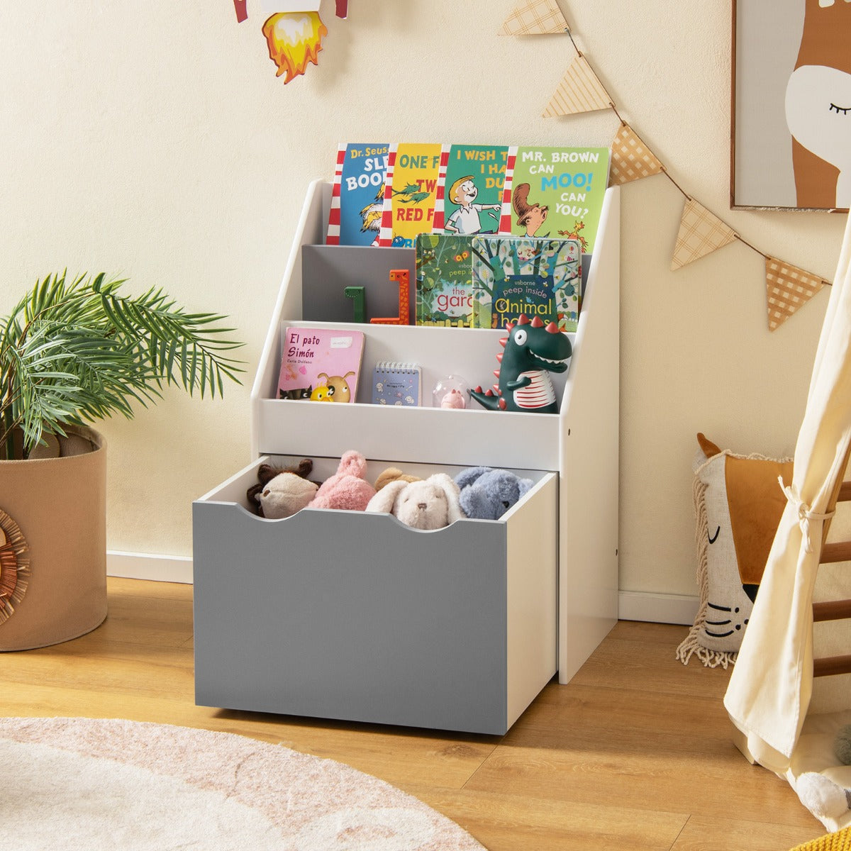 Scaffale per bambini con 3 ripiani e scatola di giocattoli-Libreria perfetta per la stanza dei giochi Grigio