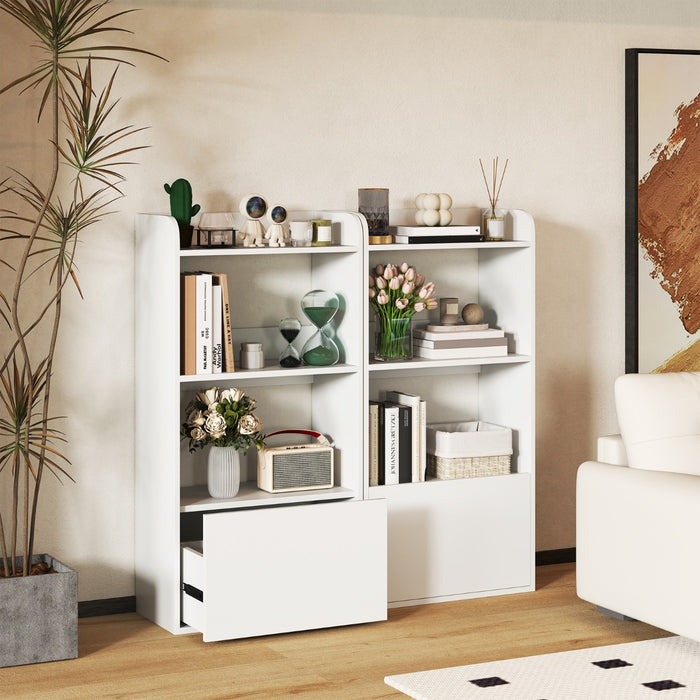 Scaffale per esposizione con cassetto e antiribaltamento-Libreria autoportante con 3 ripiani aperti Bianco