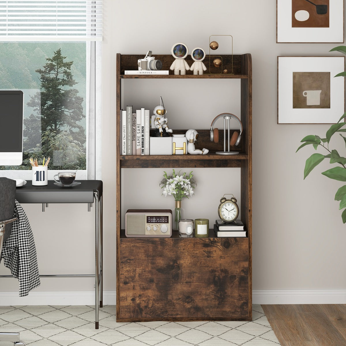 Scaffale per esposizione con cassetto e antiribaltamento-Libreria autoportante con 3 ripiani aperti Marrone