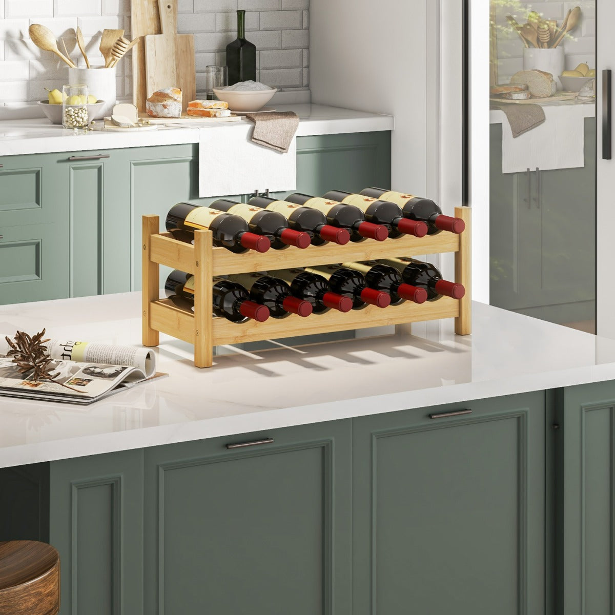 Piccolo scaffale per vino in bamb¨´ a 2 livelli da 12 bottiglie-Porta bottiglie di vino indipendente da appoggio Legno naturale