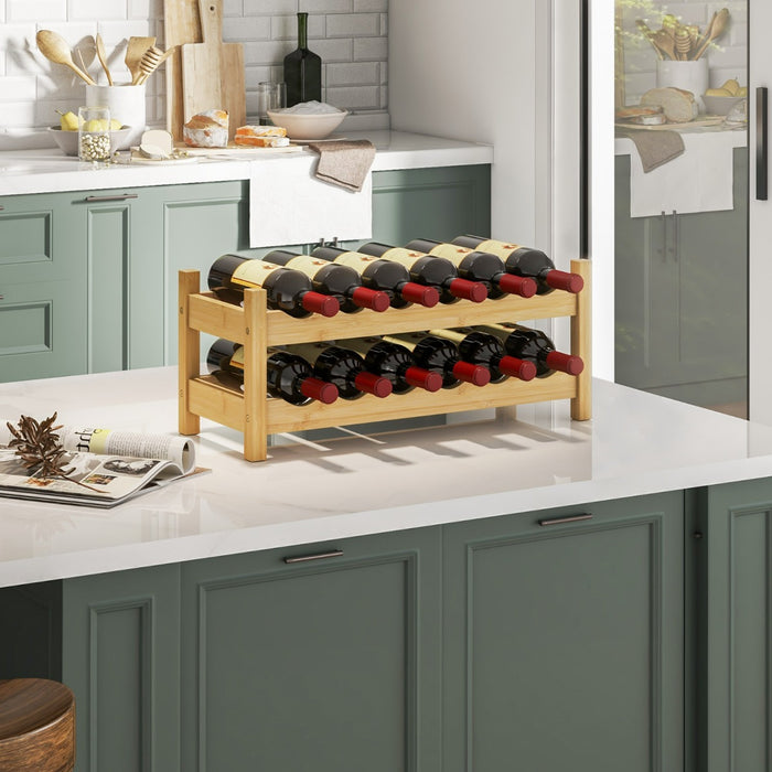 Piccolo scaffale per vino in bamb¨´ a 2 livelli da 12 bottiglie-Porta bottiglie di vino indipendente da appoggio Legno naturale