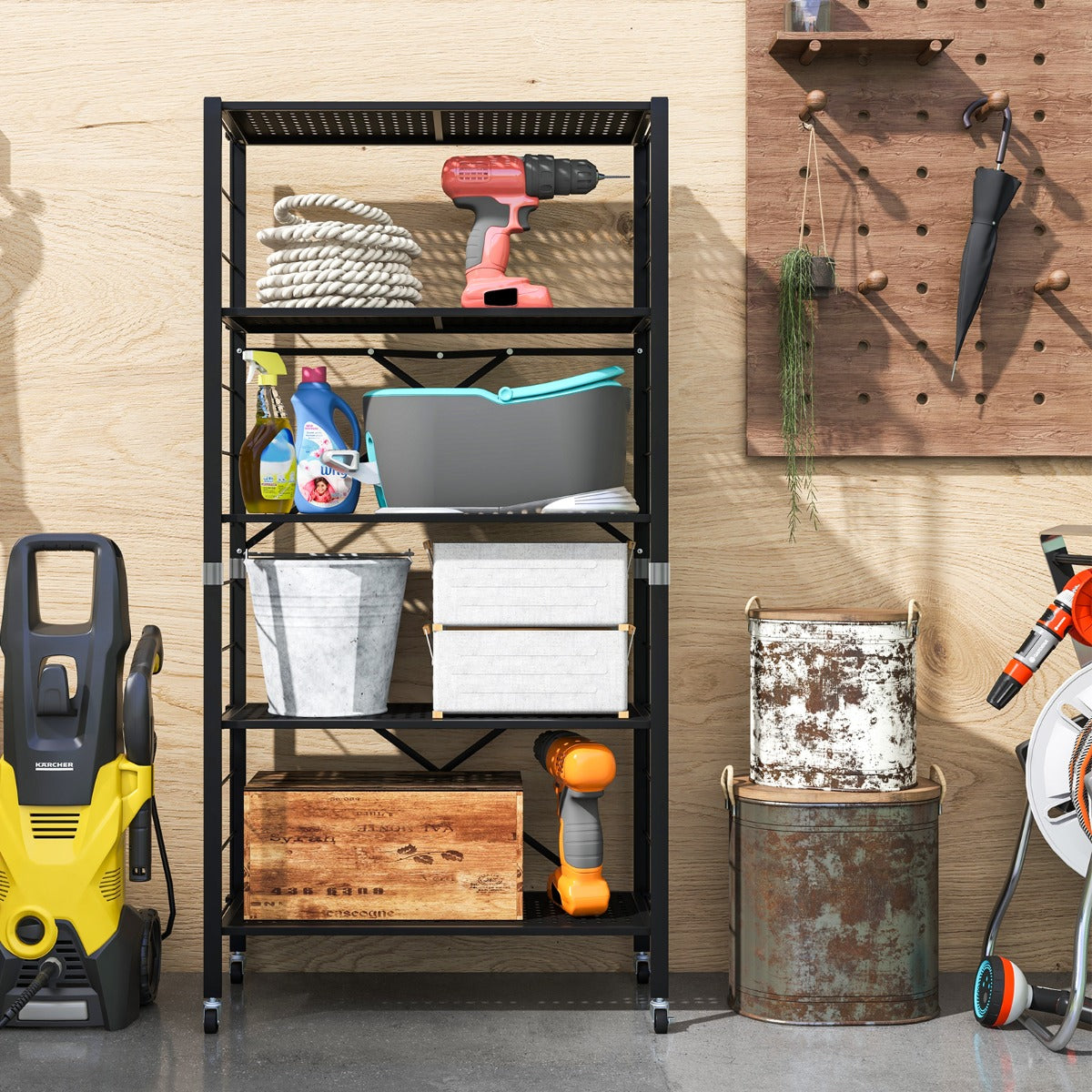 Scaffale pieghevole in metallo con ruote e 5 ripiani-Carrello da cucina balcone soggiorno 76x34,5x153cm Nero