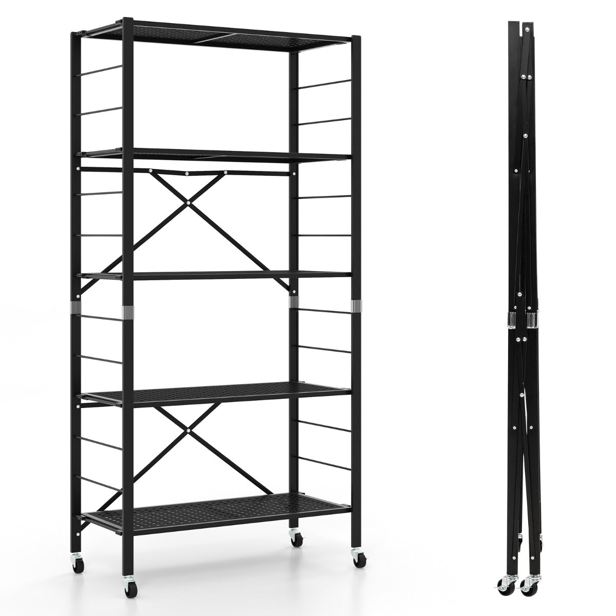 Scaffale pieghevole in metallo con ruote e 5 ripiani-Carrello da cucina balcone soggiorno 76x34,5x153cm Nero