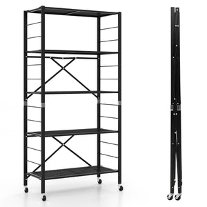 Scaffale pieghevole in metallo con ruote e 5 ripiani-Carrello da cucina balcone soggiorno 76x34,5x153cm Nero