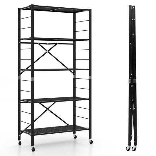 Scaffale pieghevole in metallo con ruote e 5 ripiani-Carrello da cucina balcone soggiorno 76x34,5x153cm Nero