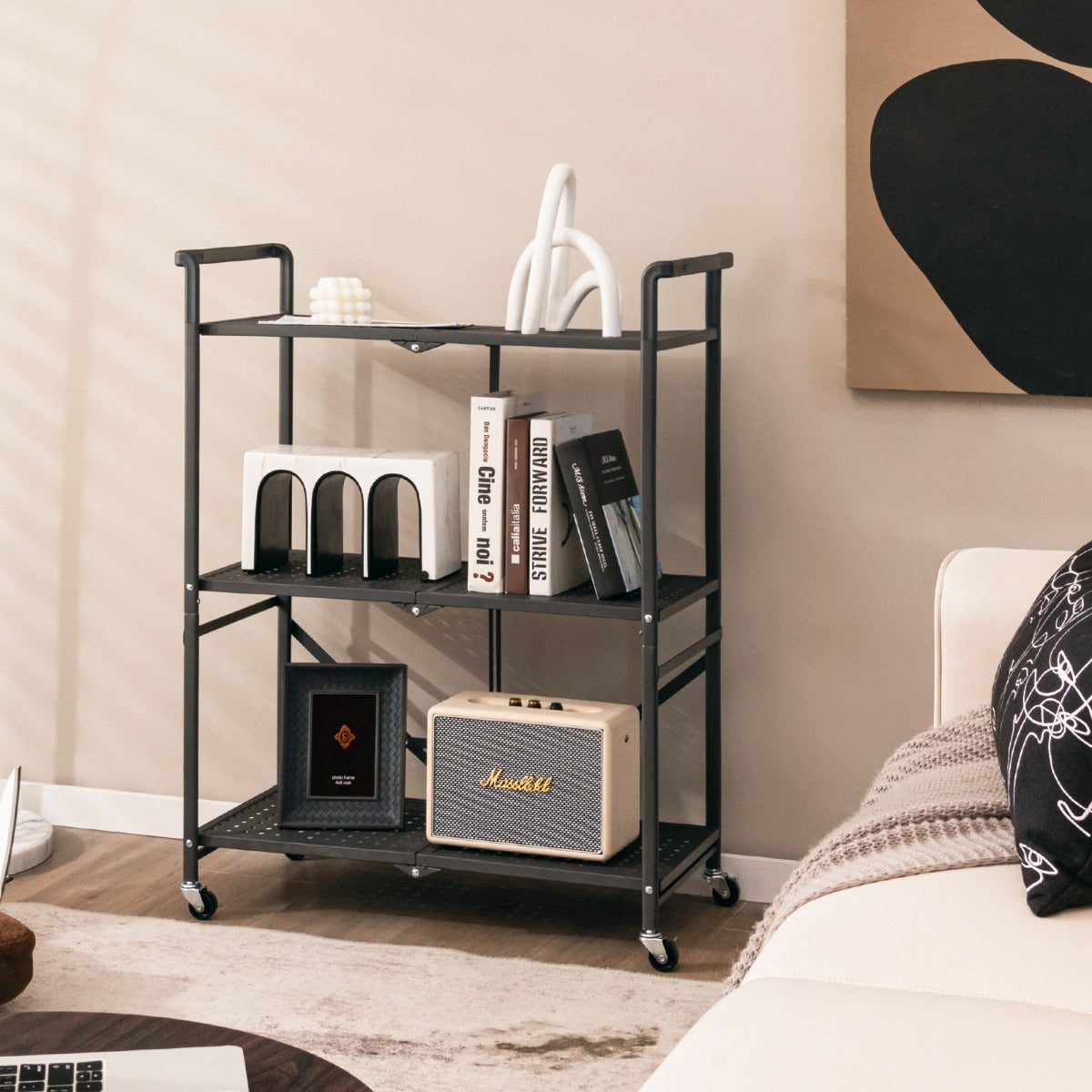 Scaffale pieghevole con ruote bloccabili 3 ripiani-Carrello portaoggetti in metallo da cucina garage Nero