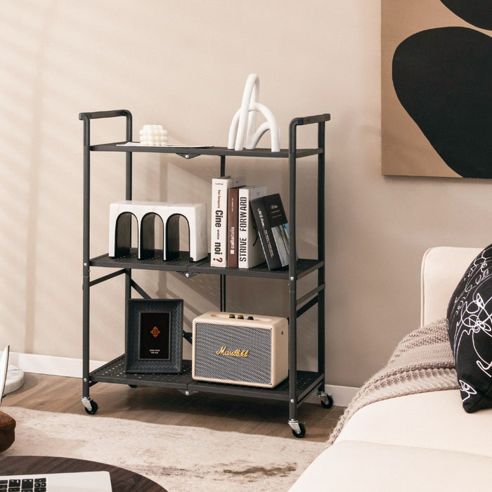 Scaffale pieghevole con ruote bloccabili 3 ripiani-Carrello portaoggetti in metallo da cucina garage Nero
