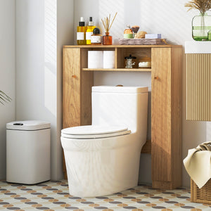 Scaffale sopra WC con doppia anta 2 scomparti aperti e 4 ripiani regolabili, Mobile a ponte per bagno Naturale-Armadietti da bagno
