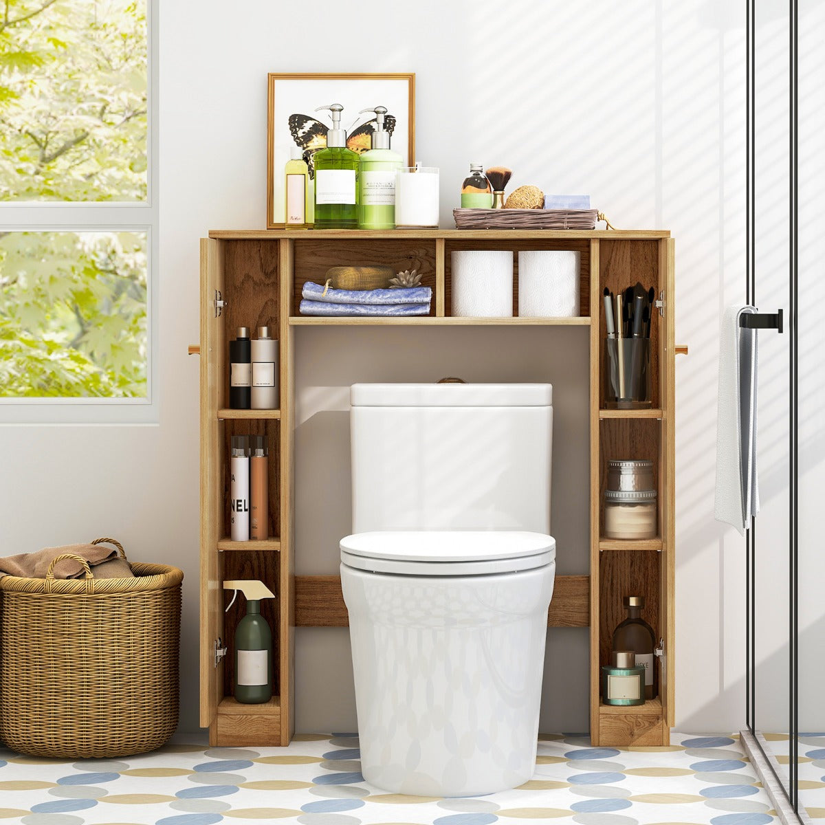 Scaffale sopra WC con doppia anta 2 scomparti aperti e 4 ripiani regolabili, Mobile a ponte per bagno Naturale-Armadietti da bagno