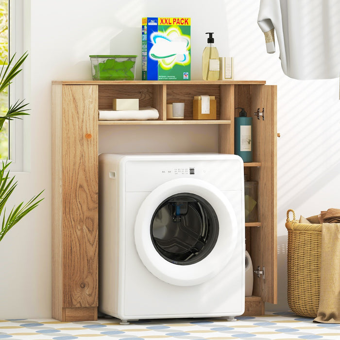 Scaffale sopra WC con doppia anta 2 scomparti aperti e 4 ripiani regolabili, Mobile a ponte per bagno Naturale-Armadietti da bagno