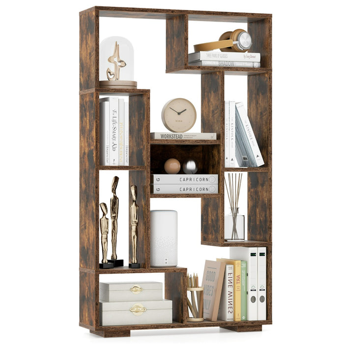 Scaffale per libri alto 120cm con ripiani aperti-Libreria geometrica con kit anti-ribaltamento per casa ufficio Marrone