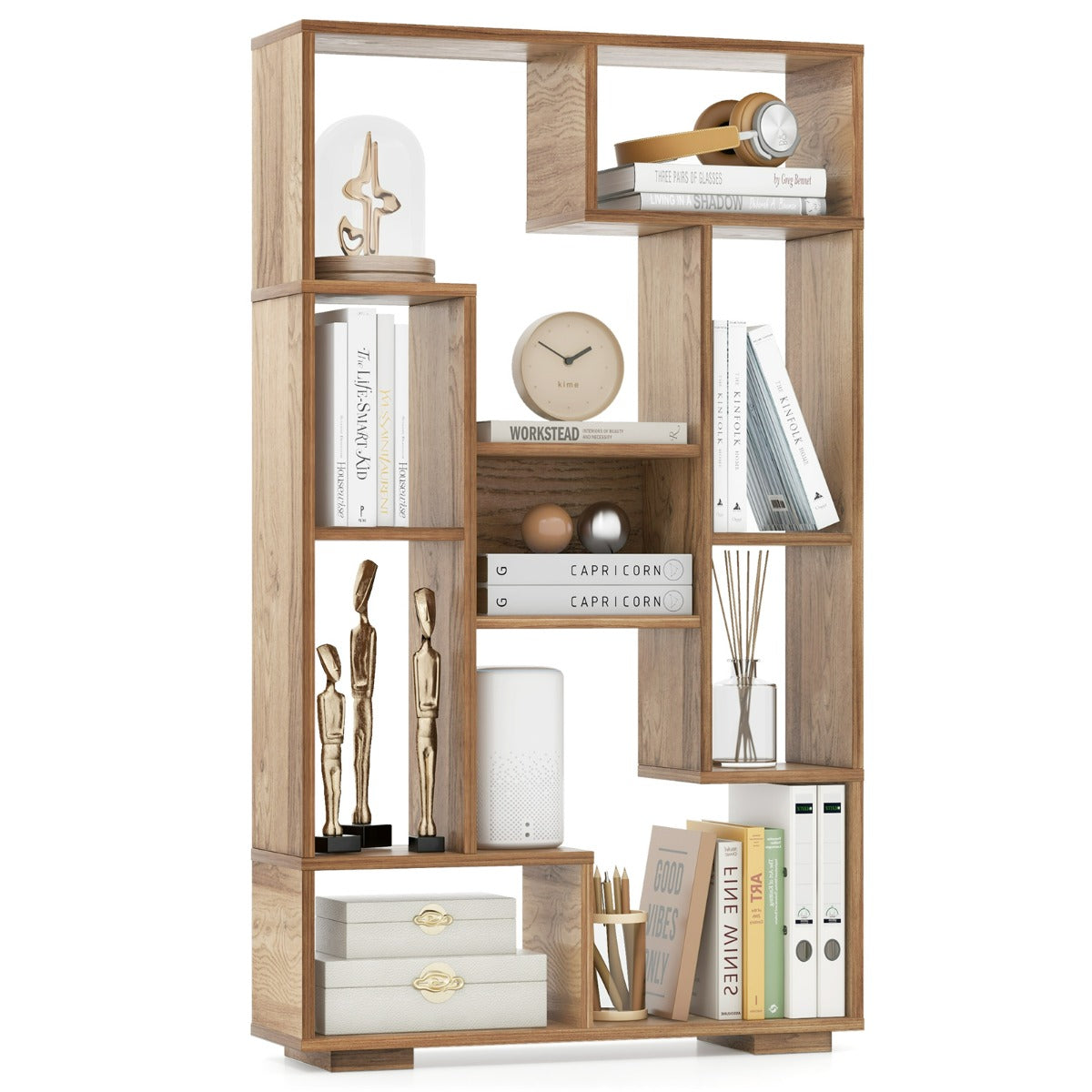 Scaffale per libri alto 120cm con ripiani aperti-Libreria geometrica con kit anti-ribaltamento per casa ufficio Naturale