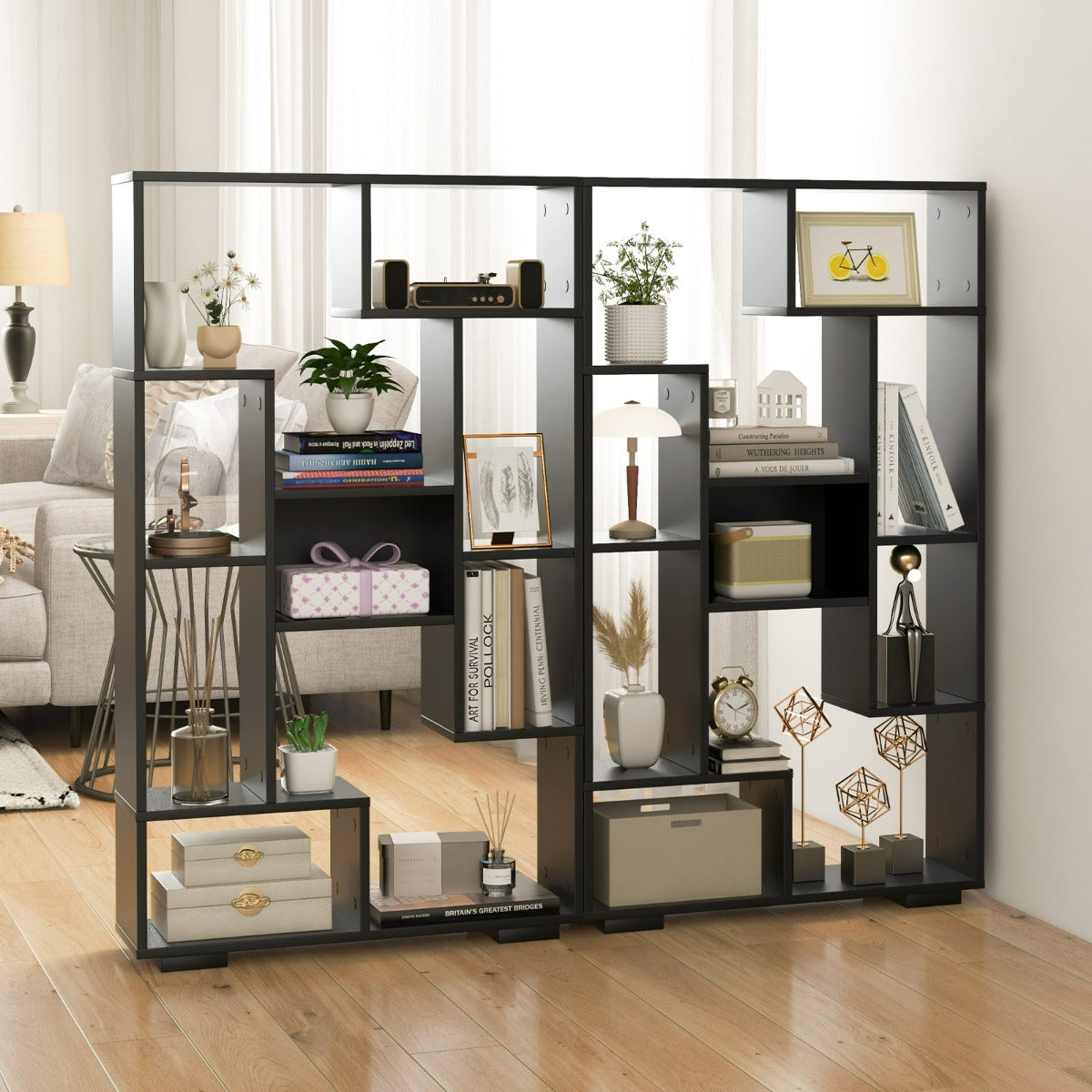 Scaffale per libri alto 120cm con ripiani aperti-Libreria geometrica con kit anti-ribaltamento per ufficio Nero