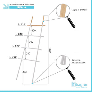 Scala Porta Asciugamani Moderna in Acciaio Bianco con Inserti in Legno H 170 cm