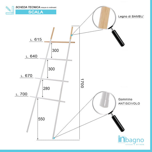 Scala Porta Asciugamani Moderna in Acciaio Bianco con Inserti in Legno H 170 cm