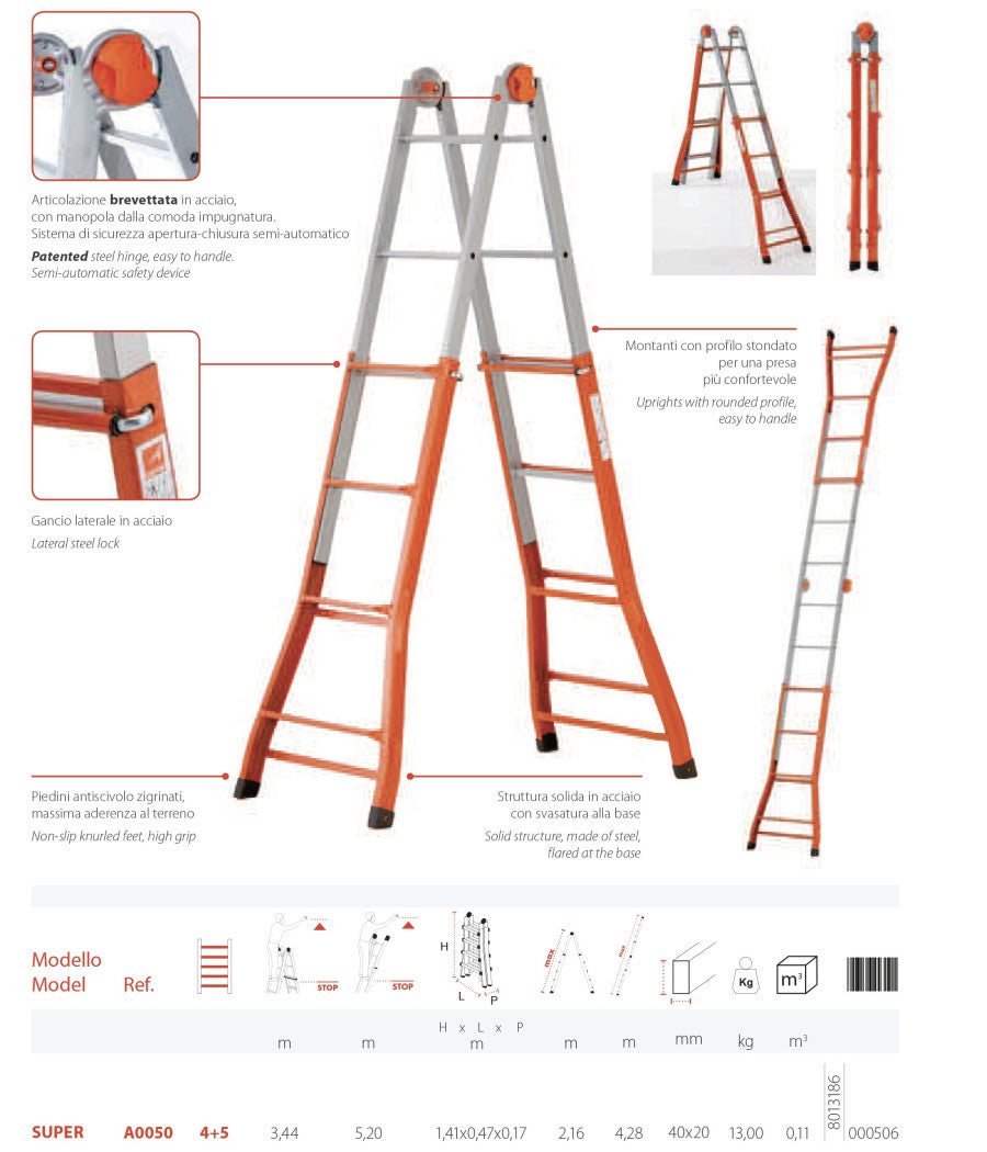 Scala Scaletto Telescopico Super In Acciaio 5,20 Mt Gierre Multiuso 5+4 Gradini         
