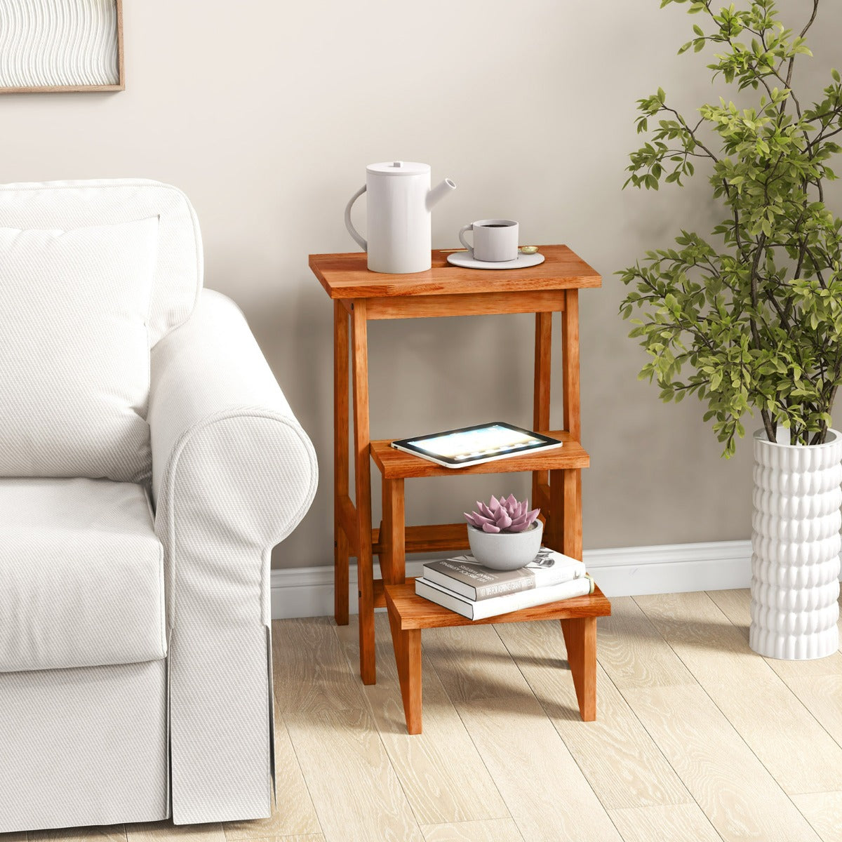 Scala a 3 gradini con pedali antiscivolo e ampi per casa e garage, Sgabello in legno di gomma 3 in 1 con maniglia comoda Marrone-Sgabelli