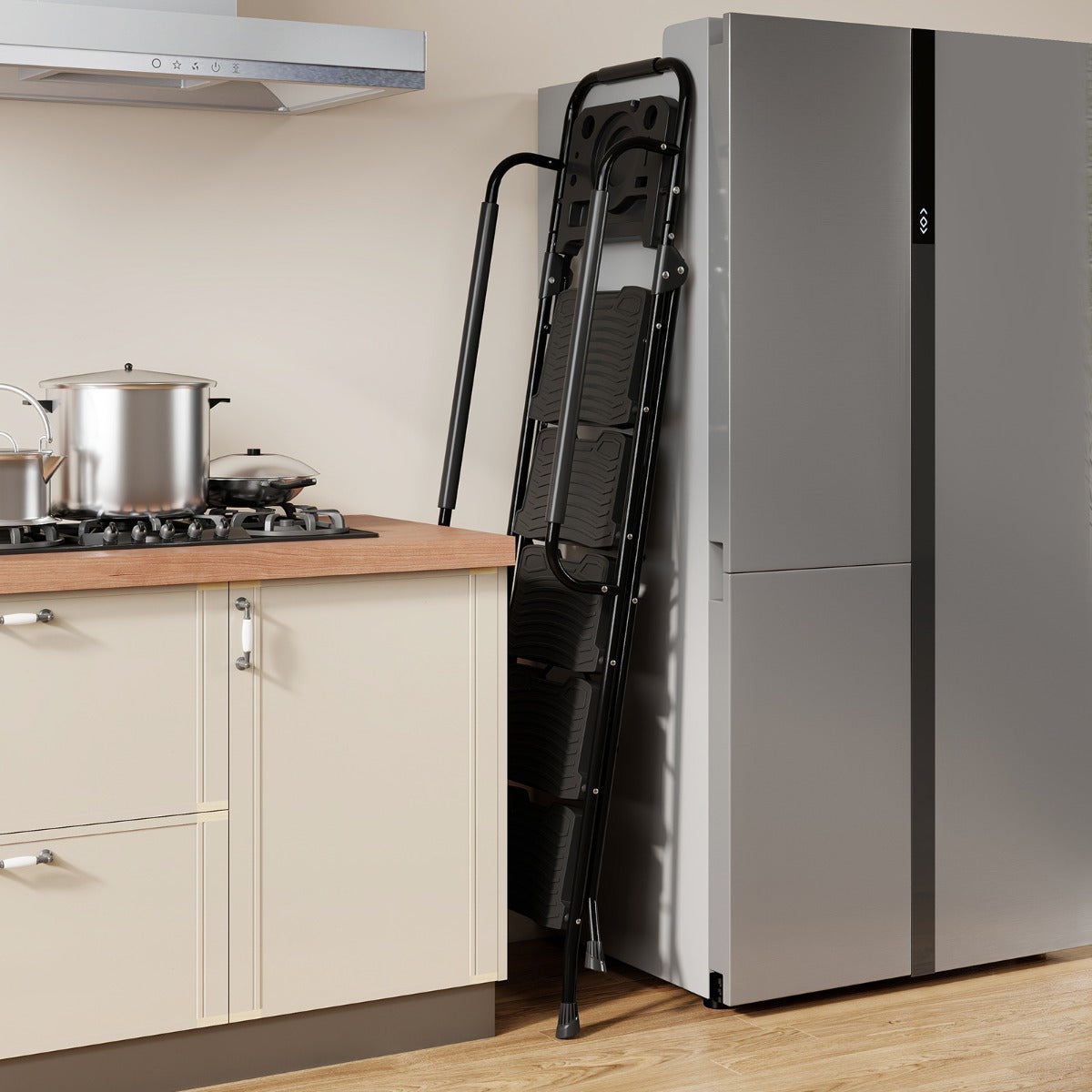 Scala a 5 gradini con vaschetta porta attrezzi e pedali larghi antiscivolo, Scala pieghevole portatile multiuso per casa Nero-Scale e ponteggi