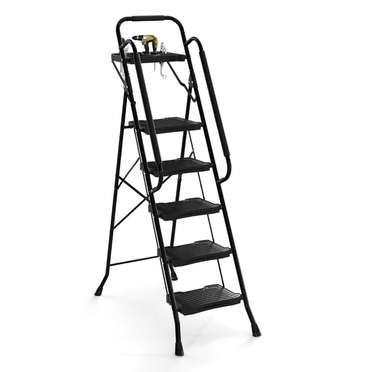 Scala a 5 gradini con vaschetta porta attrezzi e pedali larghi antiscivolo, Scala pieghevole portatile multiuso per casa Nero-Scale e ponteggi