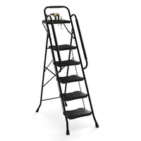 Scala a 5 gradini con vaschetta porta attrezzi e pedali larghi antiscivolo, Scala pieghevole portatile multiuso per casa Nero-Scale e ponteggi