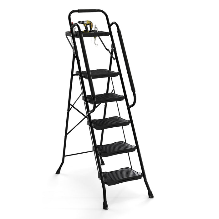 Scala a 5 gradini con vaschetta porta attrezzi e pedali larghi antiscivolo, Scala pieghevole portatile multiuso per casa Nero-Scale e ponteggi