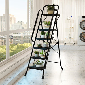 Scala a 5 gradini con vaschetta porta attrezzi e pedali larghi antiscivolo, Scala pieghevole portatile multiuso per casa Nero-Scale e ponteggi